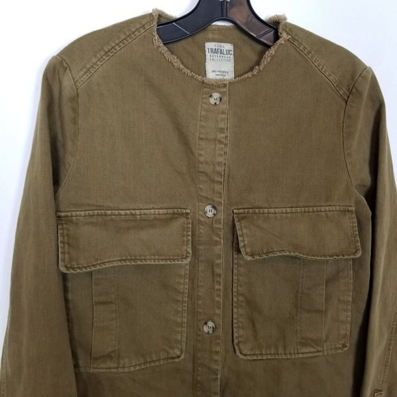 Zara Trafaluc Women Shirt Jacket Sz S Olive Button Up Pockets Military Utility - Picture 2 of 6